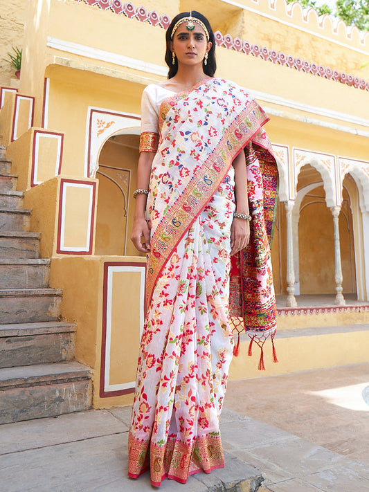 White Chanderi Silk Pashmina Saree with Unstitched Blouse Piece