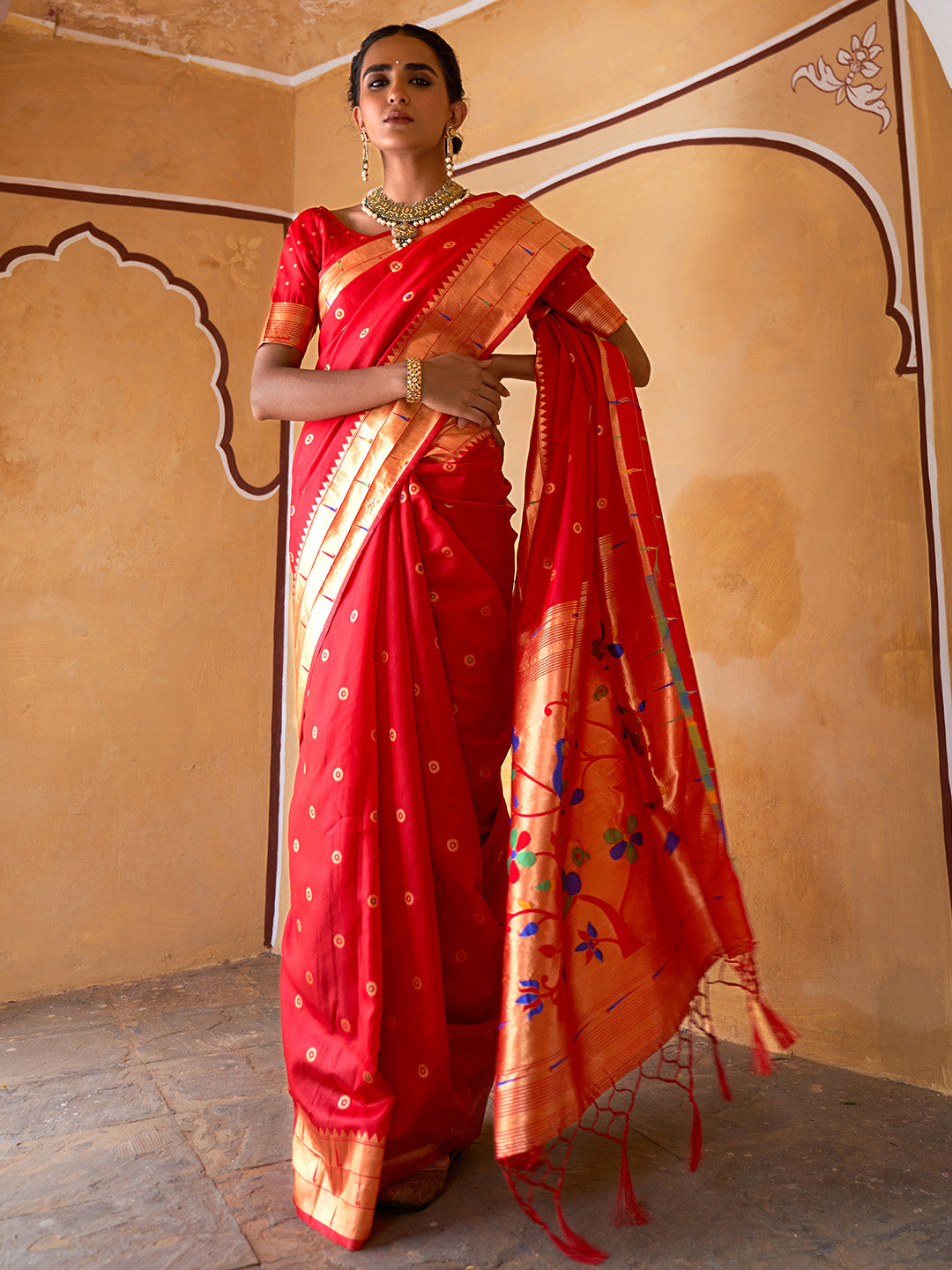 Red Paithani Silk Ethnic Motifs Saree with Unstitched Blouse Piece