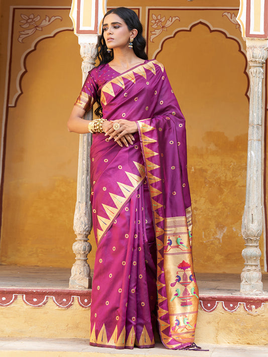 Wine Paithani Silk Ethnic Motifs Saree with Unstitched Blouse Piece