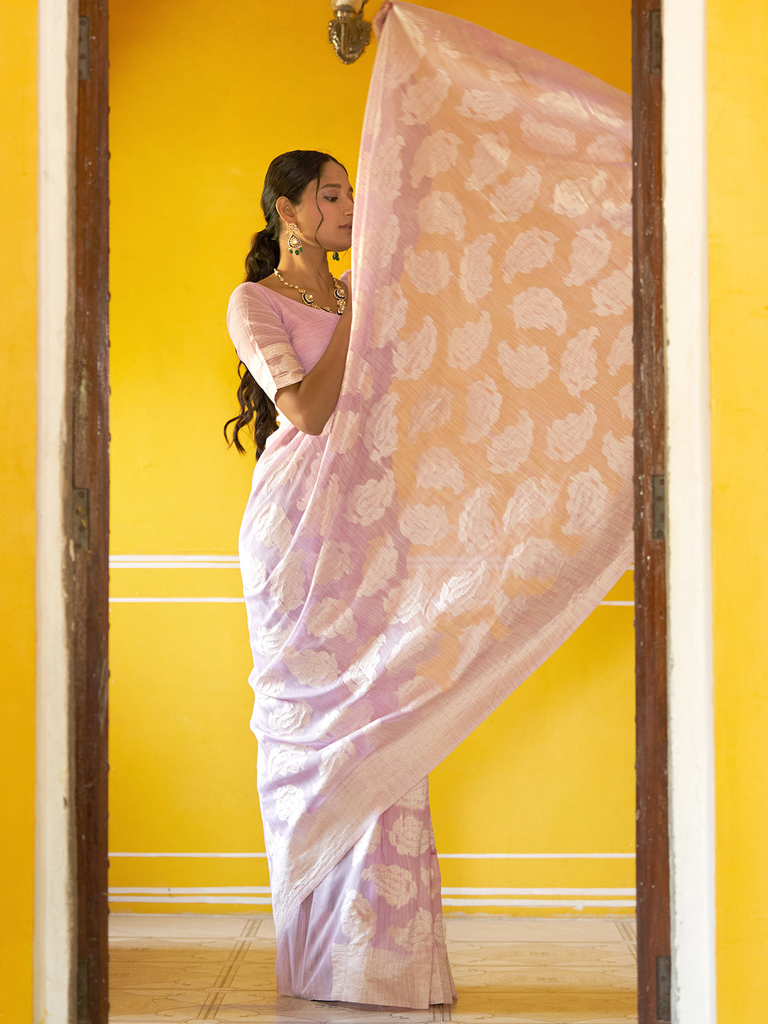 Lavender Linen Cotton Woven Paisley Saree with Unstitched Blouse Piece