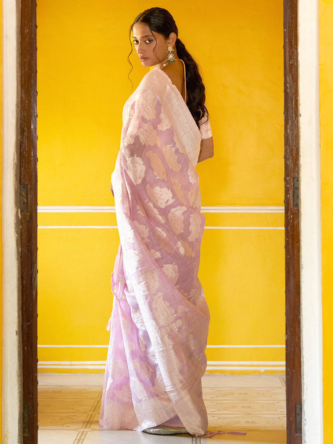 Lavender Linen Cotton Woven Paisley Saree with Unstitched Blouse Piece