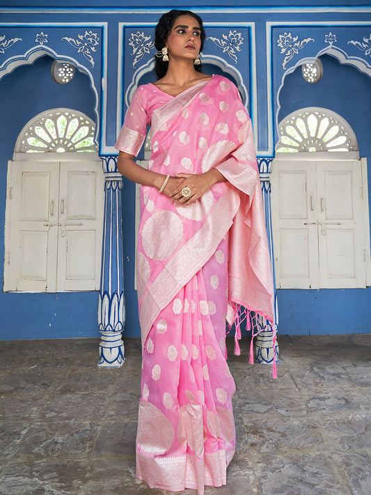 Pink Linen Cotton Woven Floral Design Saree with Unstitched Blouse Piece