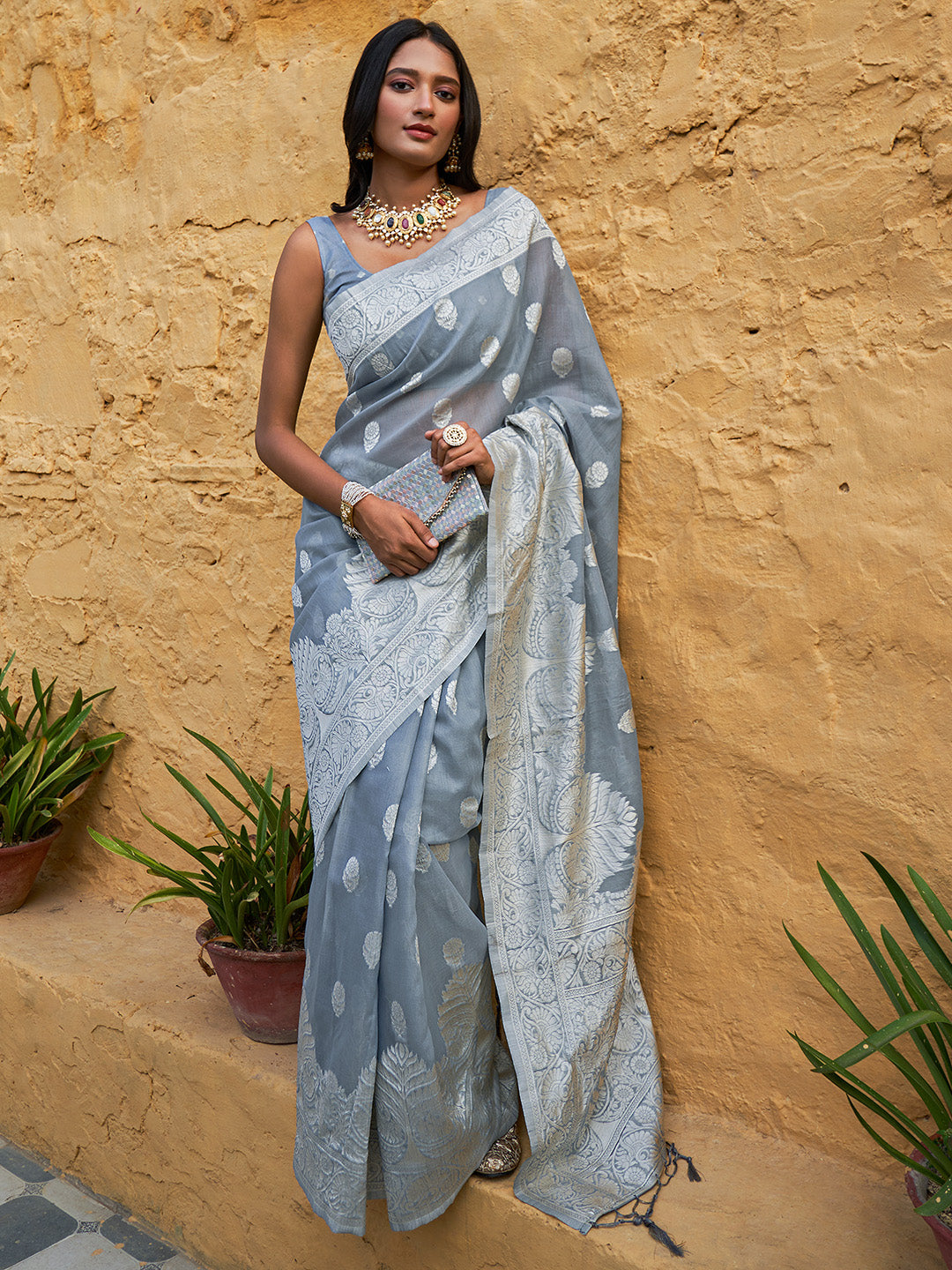 Grey Linen Cotton Woven Floral Design Saree with Unstitched Blouse Piece