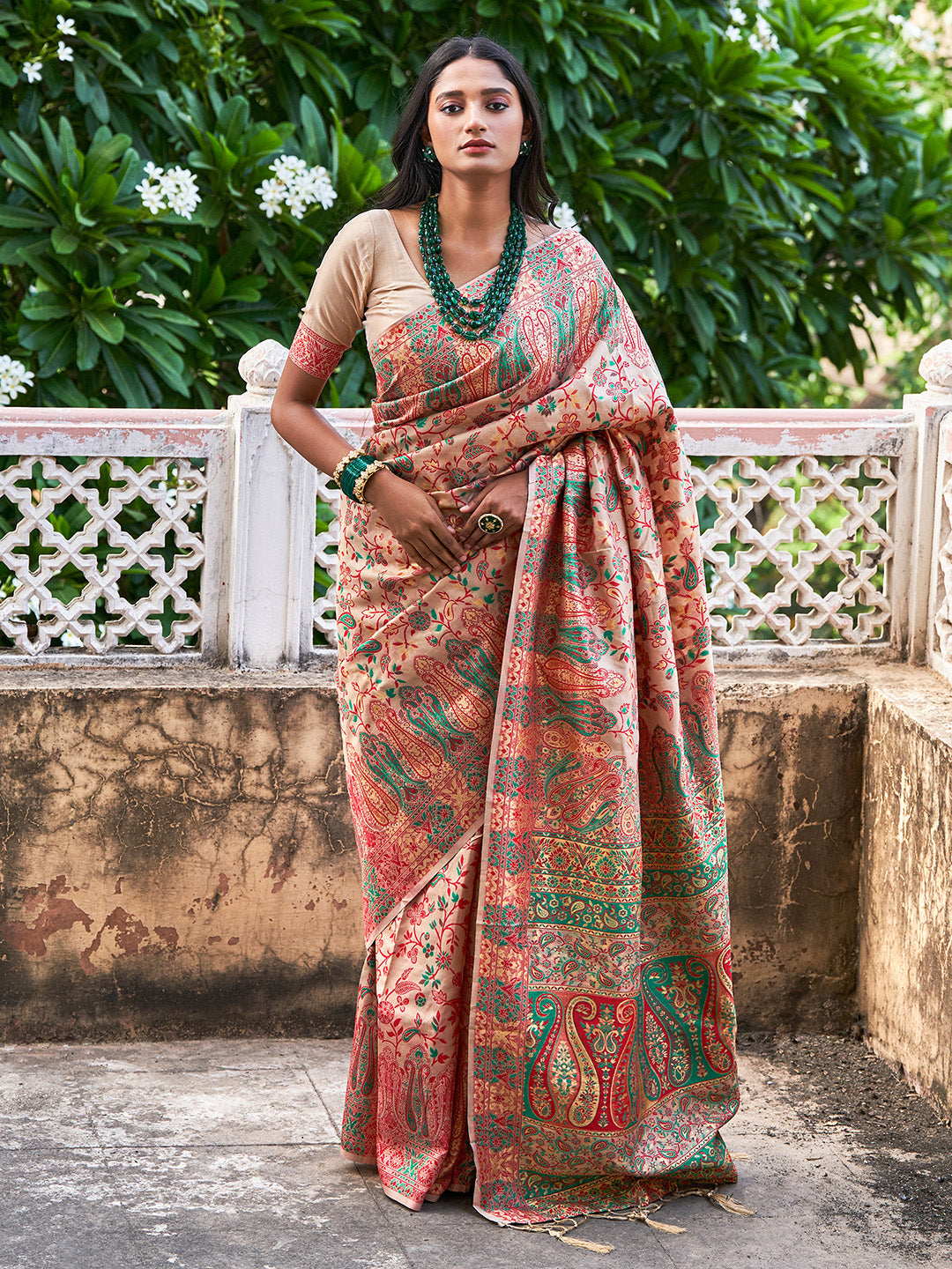 Beige Cotton Silk Pashmina Saree with Unstitched Blouse Piece