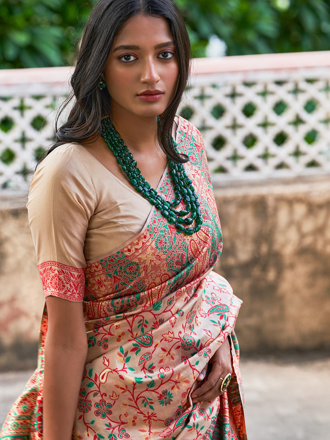 Beige Cotton Silk Pashmina Saree with Unstitched Blouse Piece