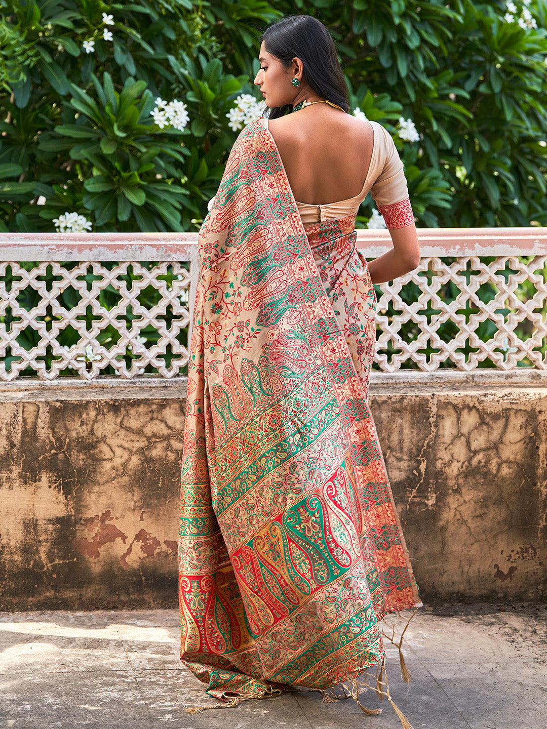 Beige Cotton Silk Pashmina Saree with Unstitched Blouse Piece