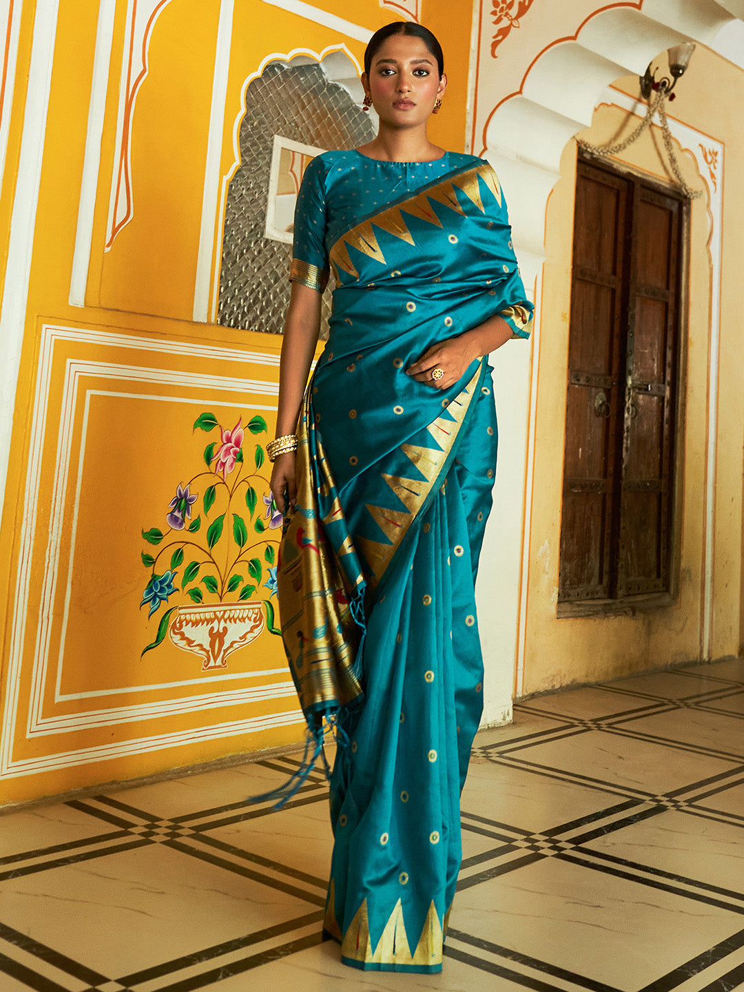 Teal Paithani Silk Ethnic Motifs Saree with Unstitched Blouse Piece