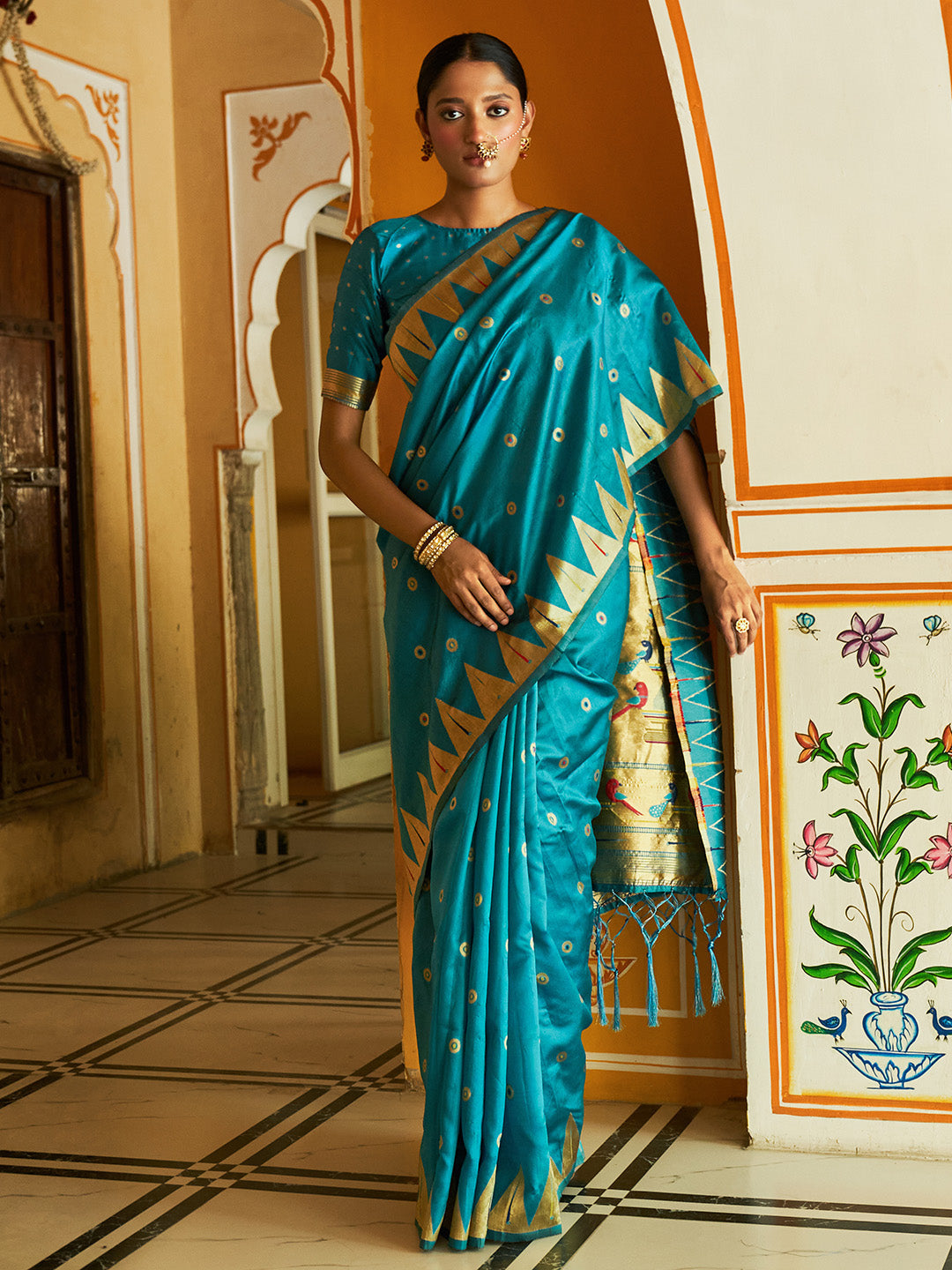 Teal Paithani Silk Ethnic Motifs Saree with Unstitched Blouse Piece