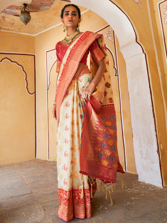 Beige Cotton Silk Woven Design Saree with Unstitched Blouse Piece