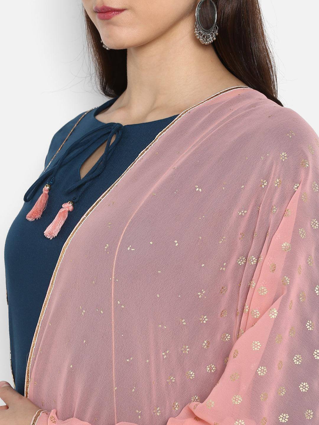 Turquoise Blue Rayon Solid Kurta with Pant and Dupatta