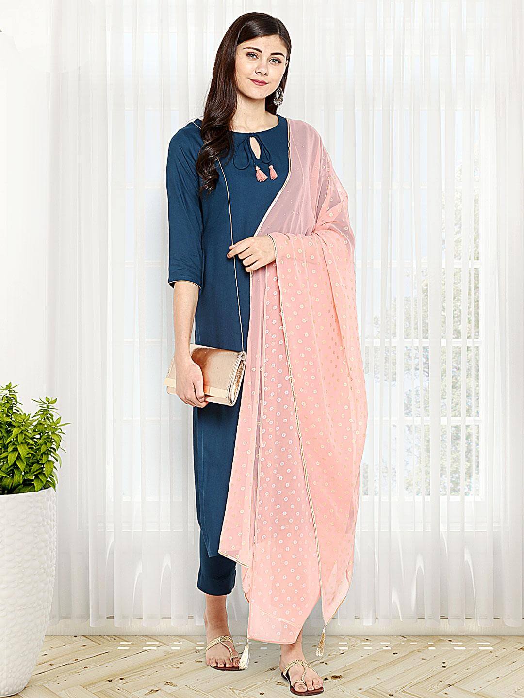 Turquoise Blue Rayon Solid Kurta with Pant and Dupatta