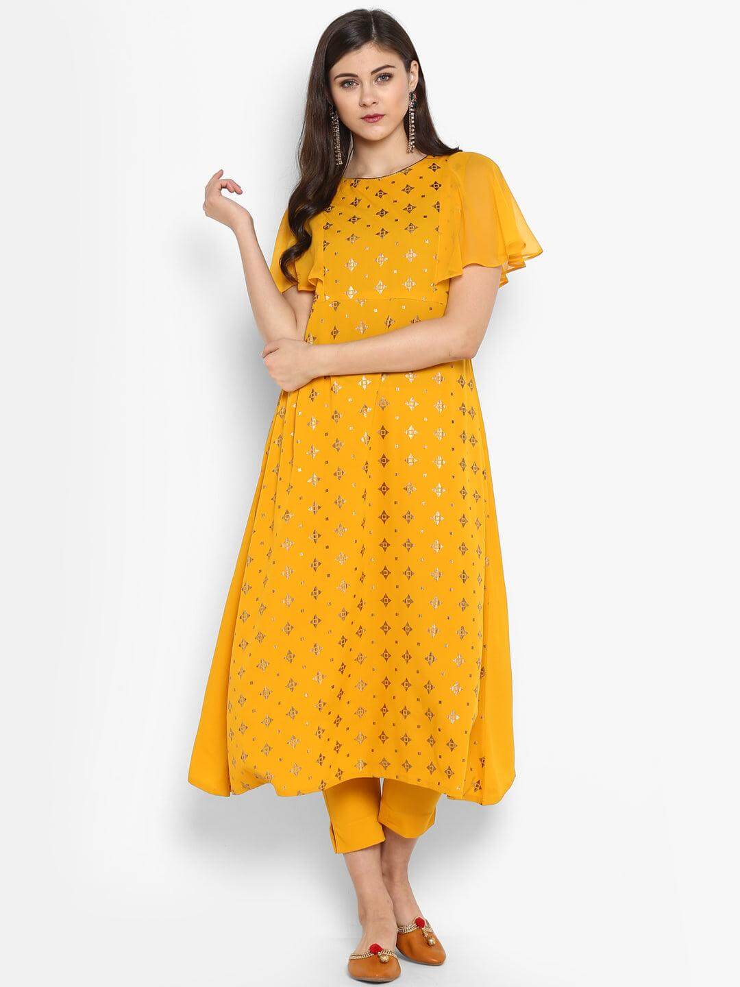 Mustard Poly Crepe Gold Print Kurta with Pant