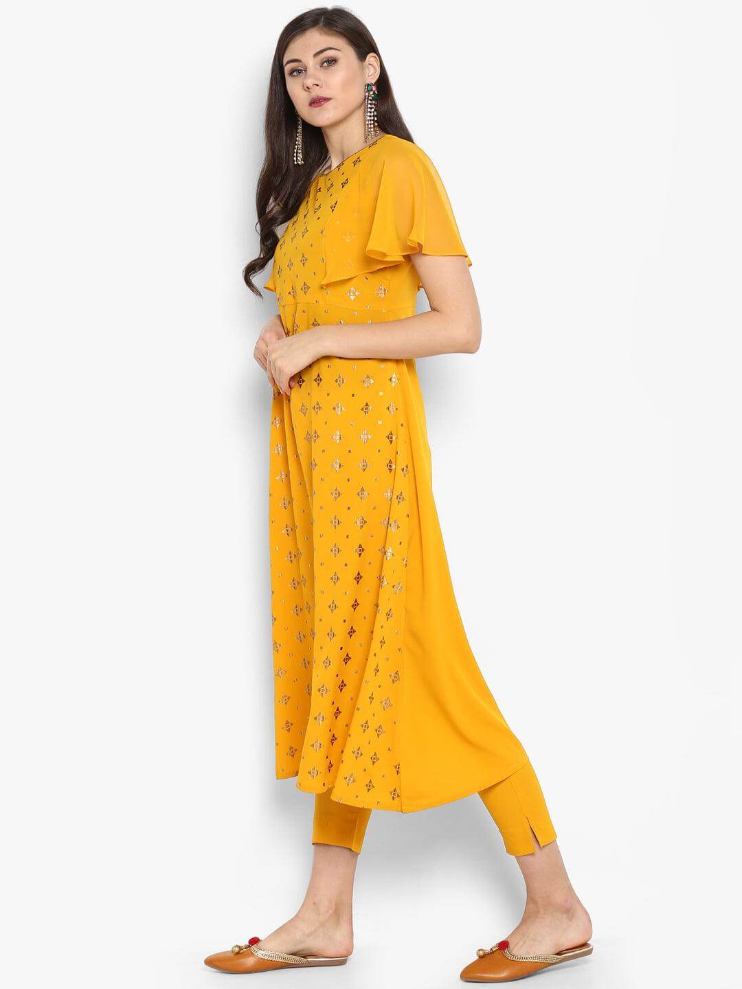 Mustard Poly Crepe Gold Print Kurta with Pant