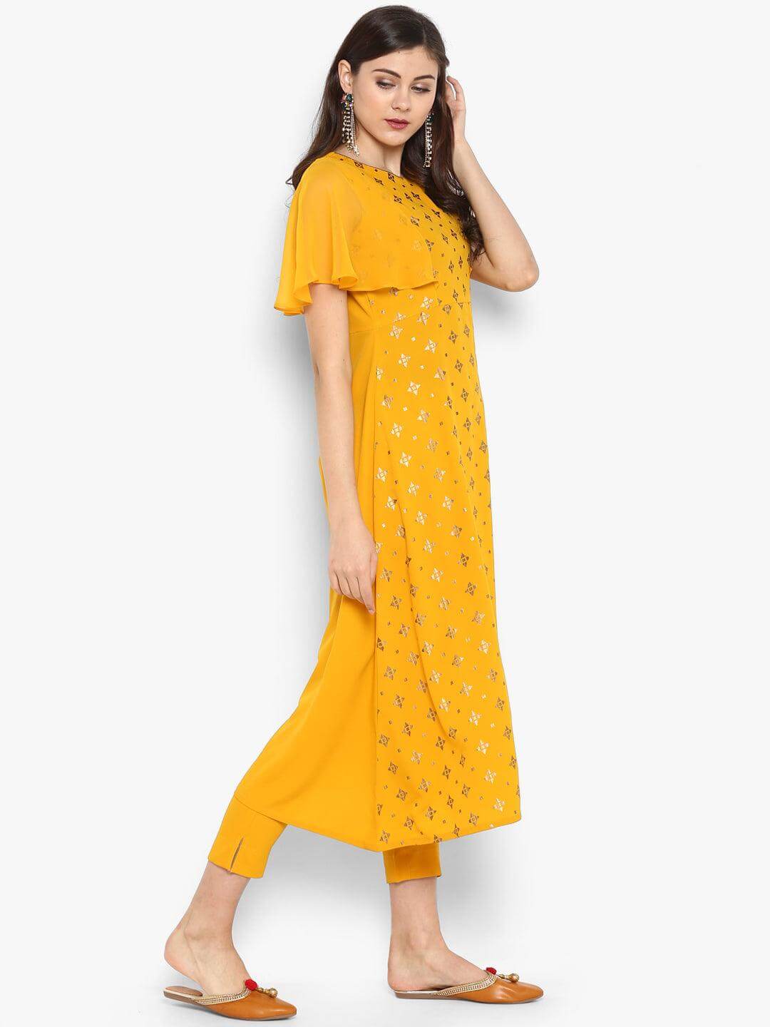 Mustard Poly Crepe Gold Print Kurta with Pant