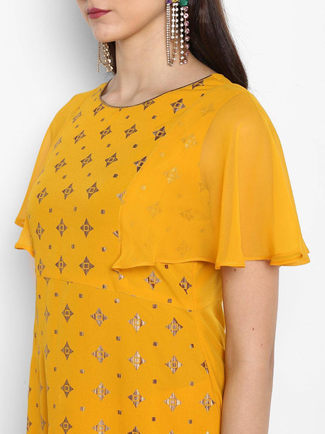 Mustard Poly Crepe Gold Print Kurta with Pant