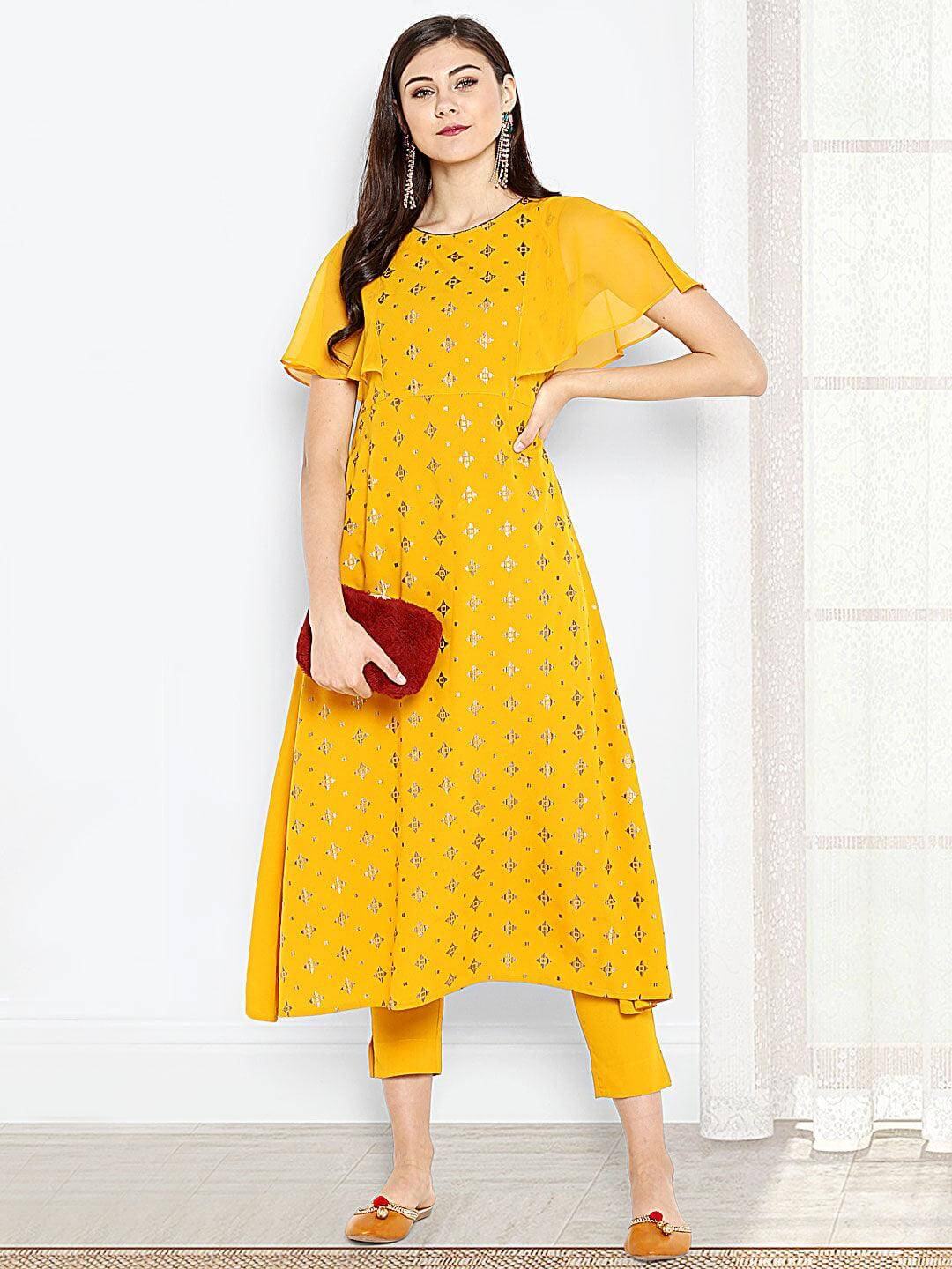 Mustard Poly Crepe Gold Print Kurta with Pant