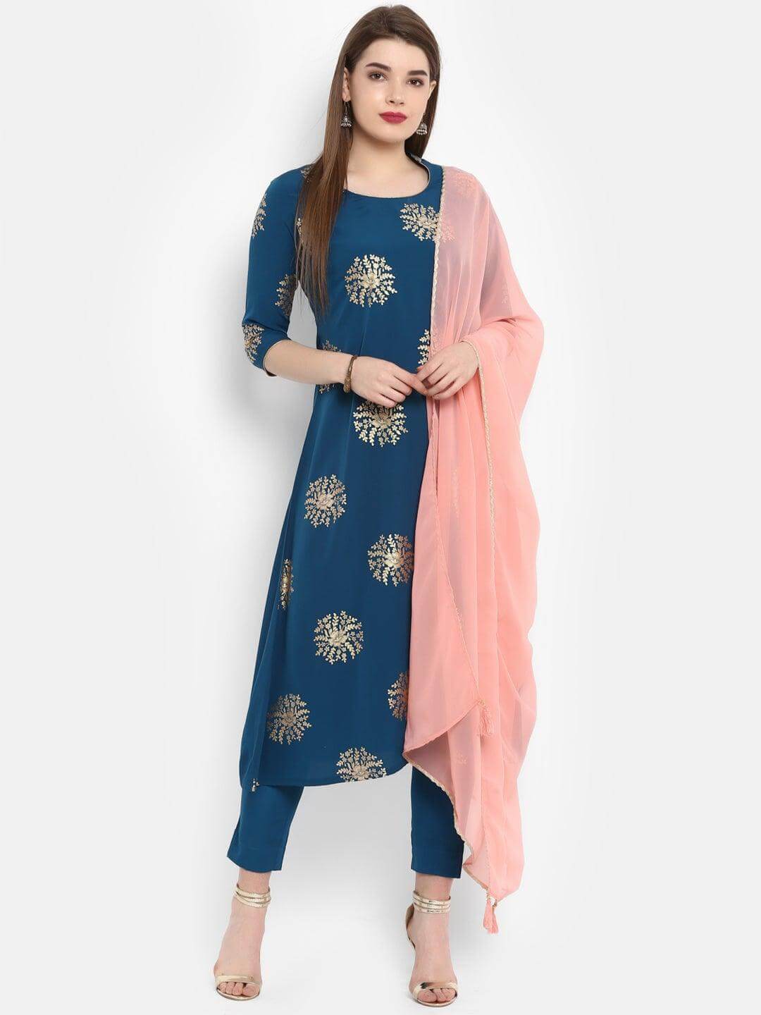 Teal Poly Crepe Gold Print Kurta with Pant and Dupatta