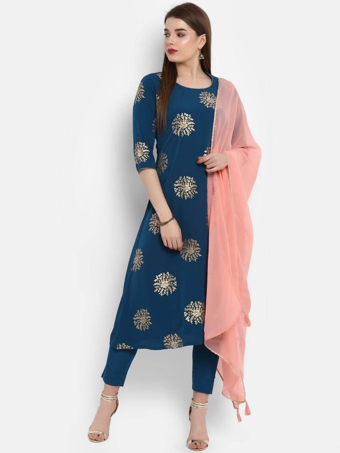 Teal Poly Crepe Gold Print Kurta with Pant and Dupatta