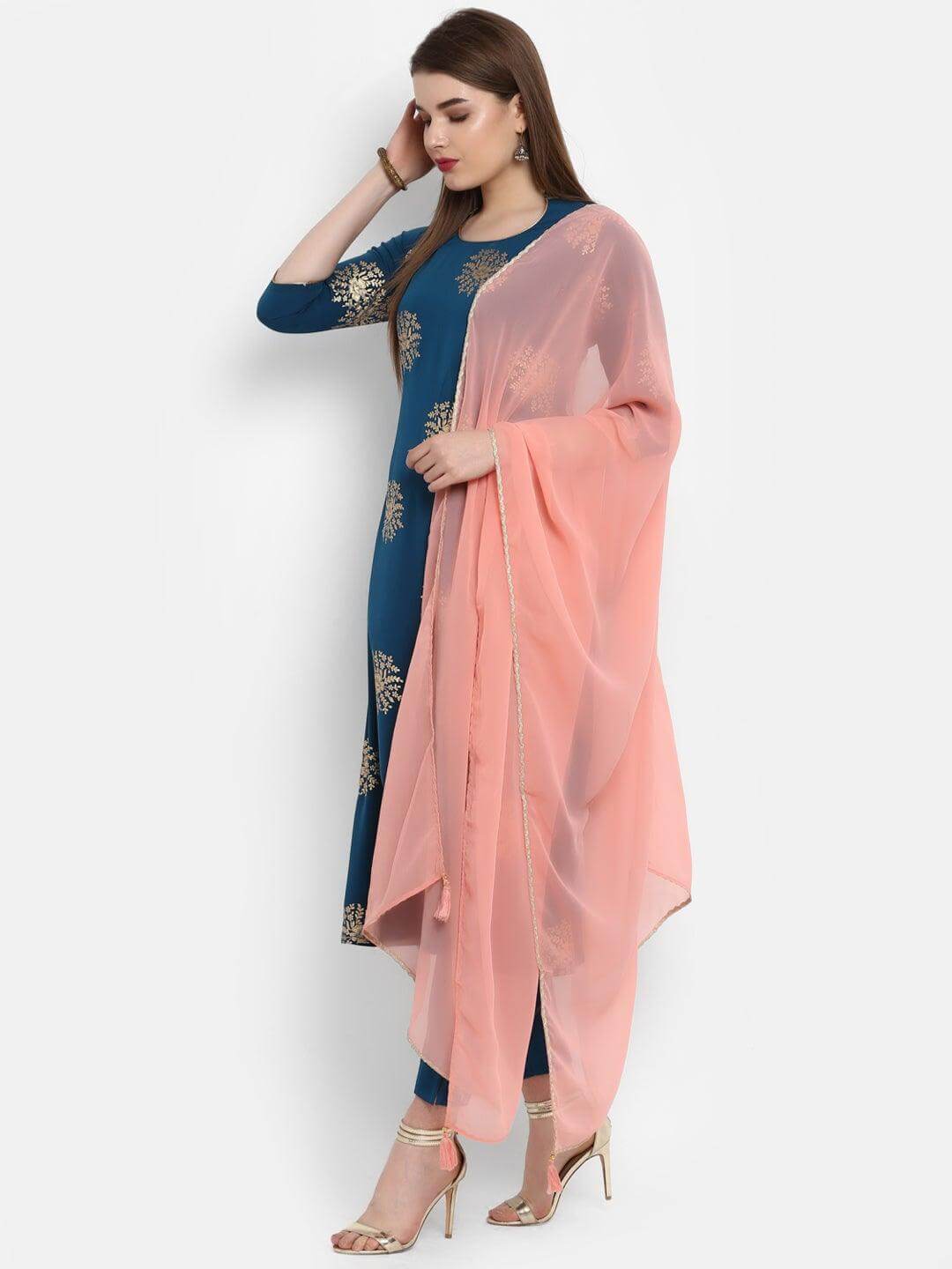 Teal Poly Crepe Gold Print Kurta with Pant and Dupatta