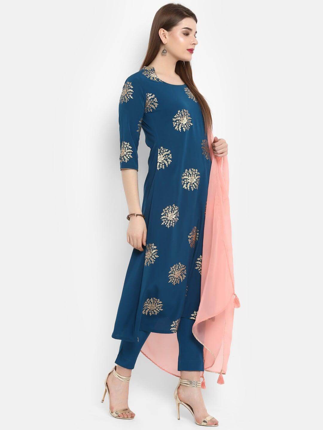 Teal Poly Crepe Gold Print Kurta with Pant and Dupatta