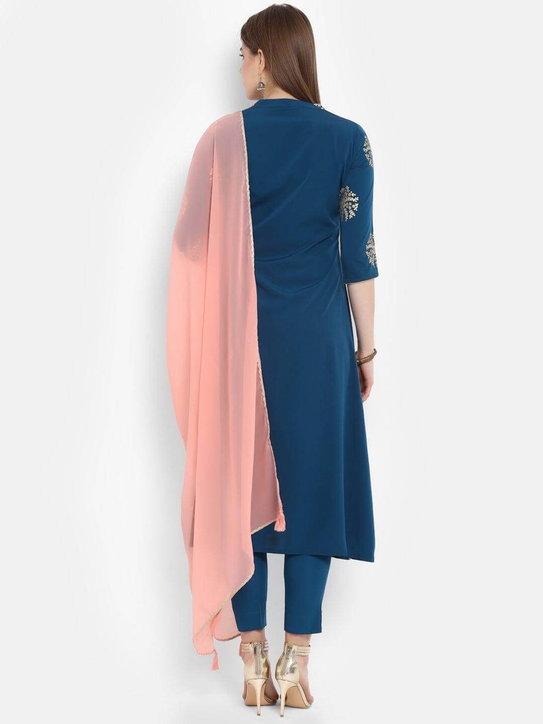 Teal Poly Crepe Gold Print Kurta with Pant and Dupatta