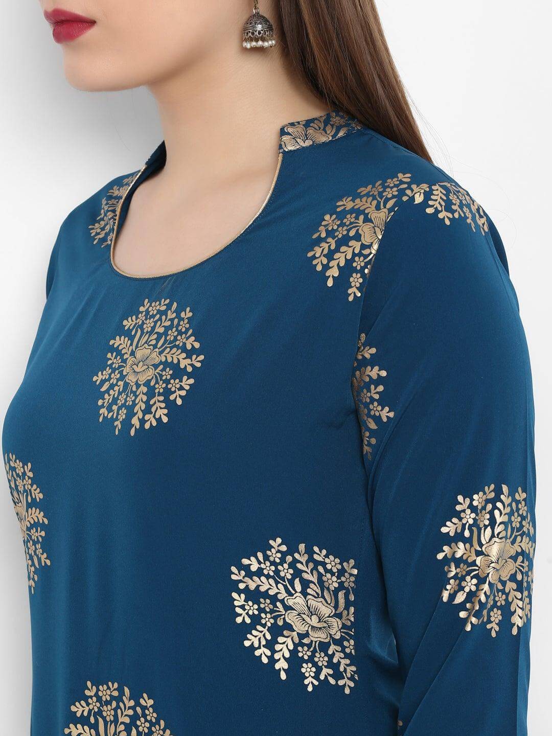 Teal Poly Crepe Gold Print Kurta with Pant and Dupatta