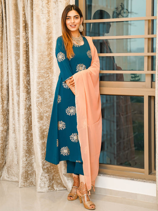 Teal Poly Crepe Gold Print Kurta with Pant and Dupatta