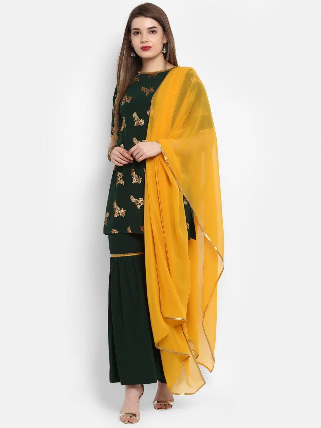 Dark Green Poly Crepe Gold Print Kurti with Sharara and Dupatta
