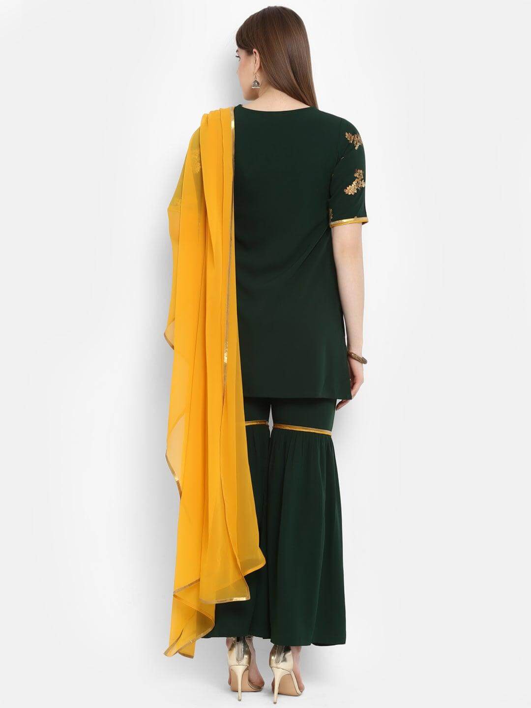 Dark Green Poly Crepe Gold Print Kurti with Sharara and Dupatta