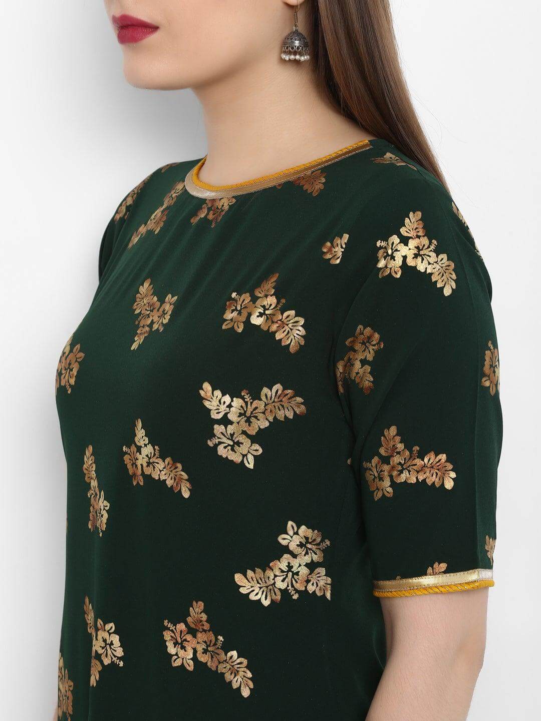 Dark Green Poly Crepe Gold Print Kurti with Sharara and Dupatta