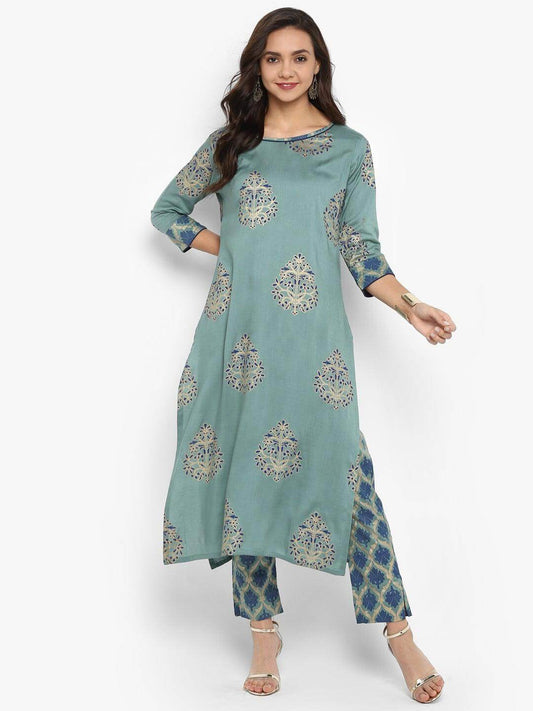 Turquoise Green Rayon Foil Print Kurta with Pant