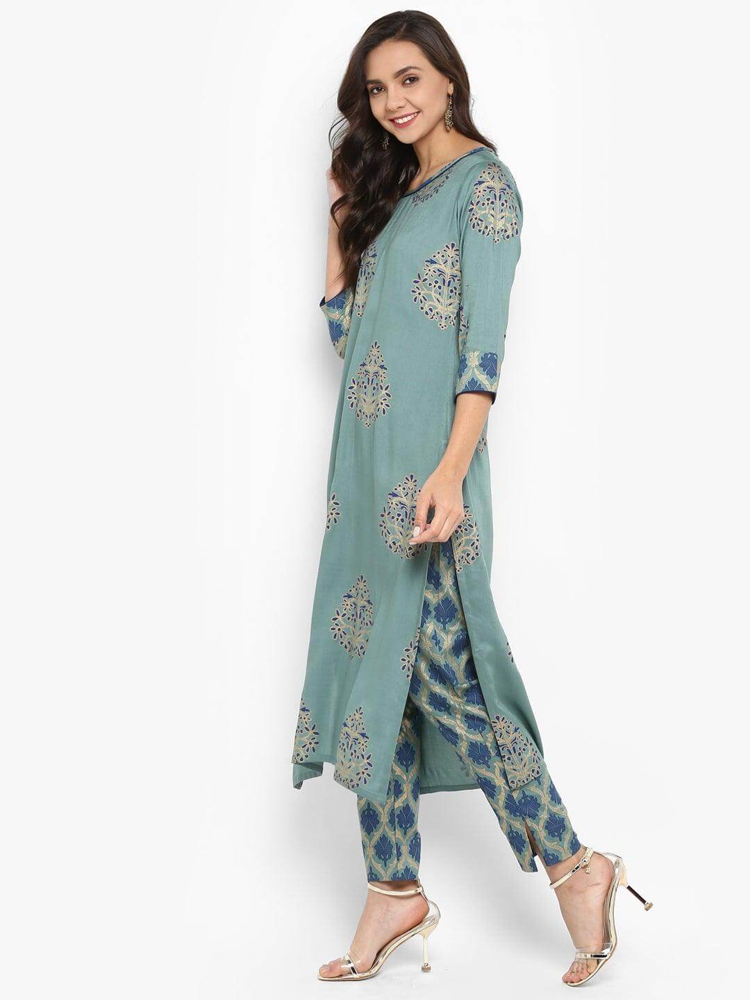 Turquoise Green Rayon Foil Print Kurta with Pant