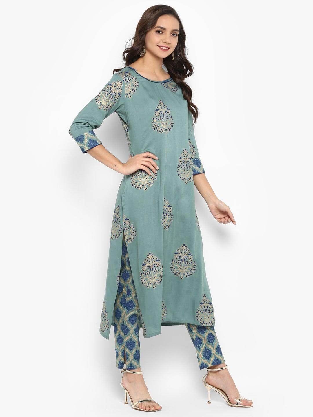 Turquoise Green Rayon Foil Print Kurta with Pant