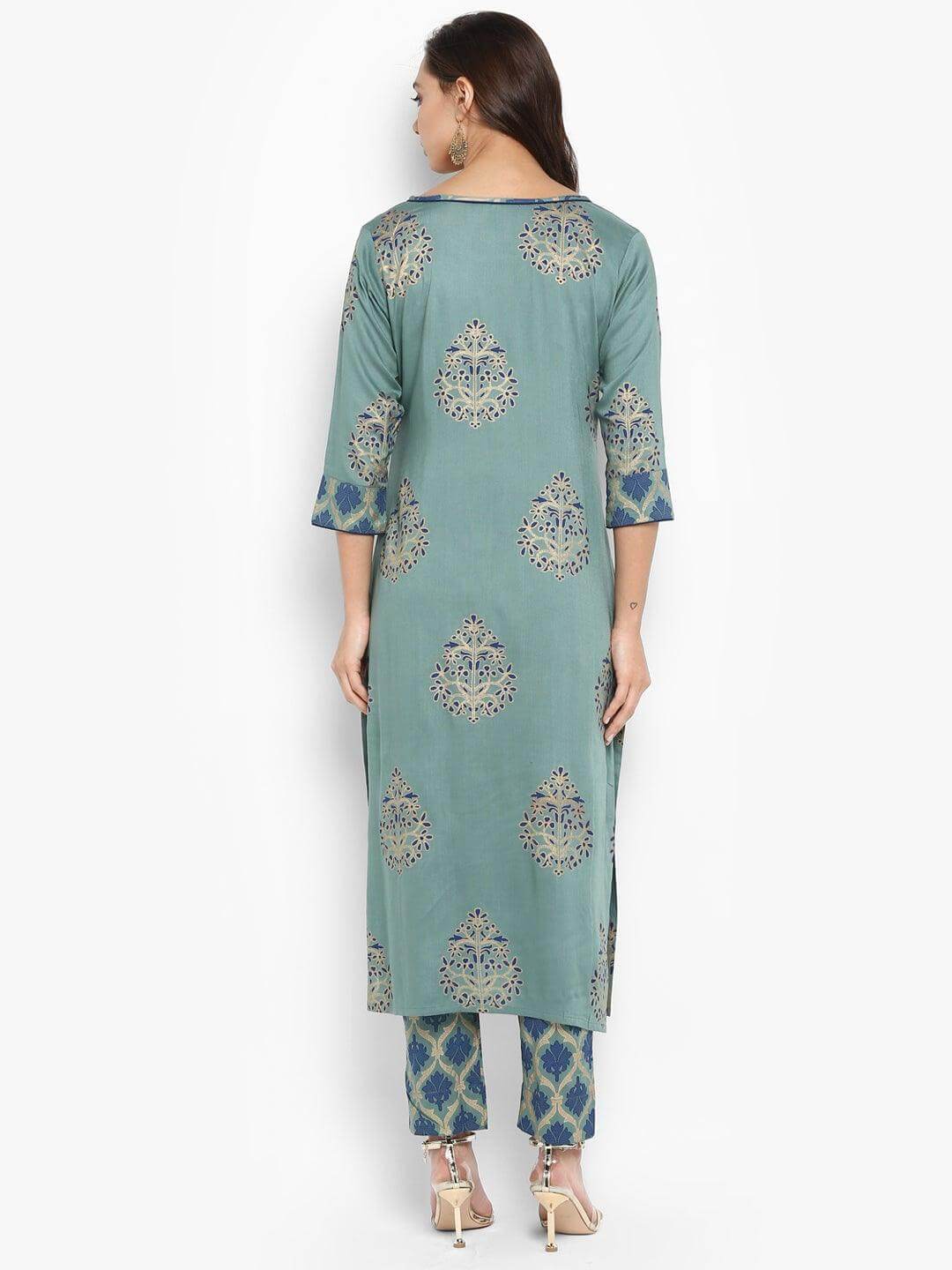 Turquoise Green Rayon Foil Print Kurta with Pant