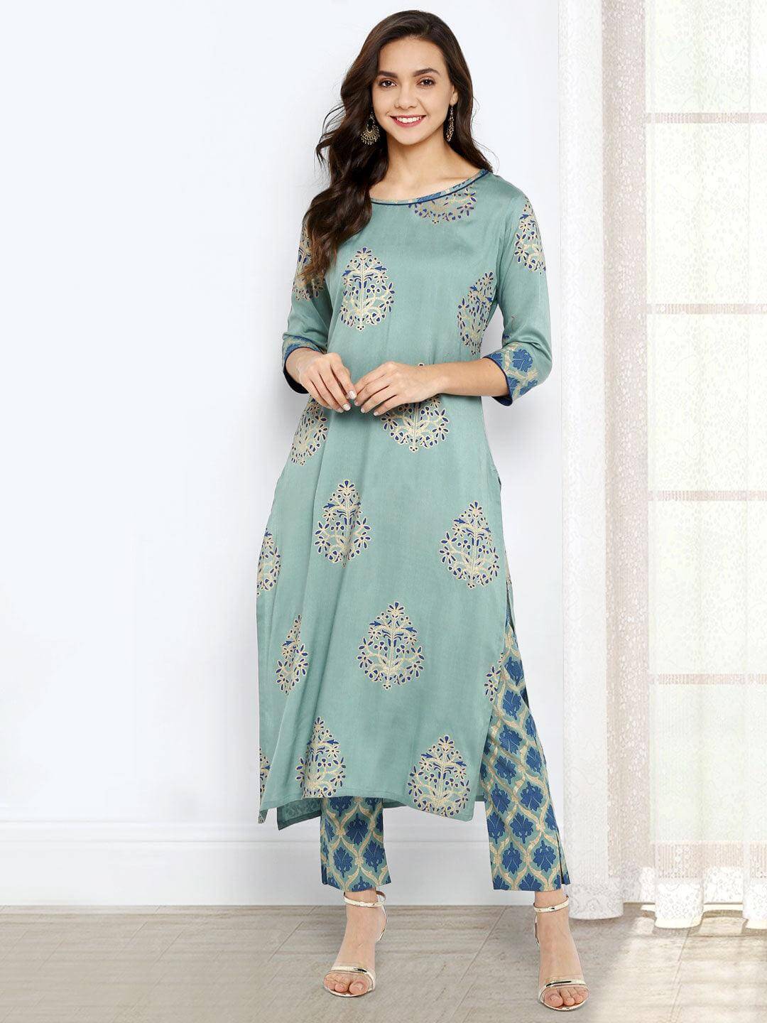 Turquoise Green Rayon Foil Print Kurta with Pant