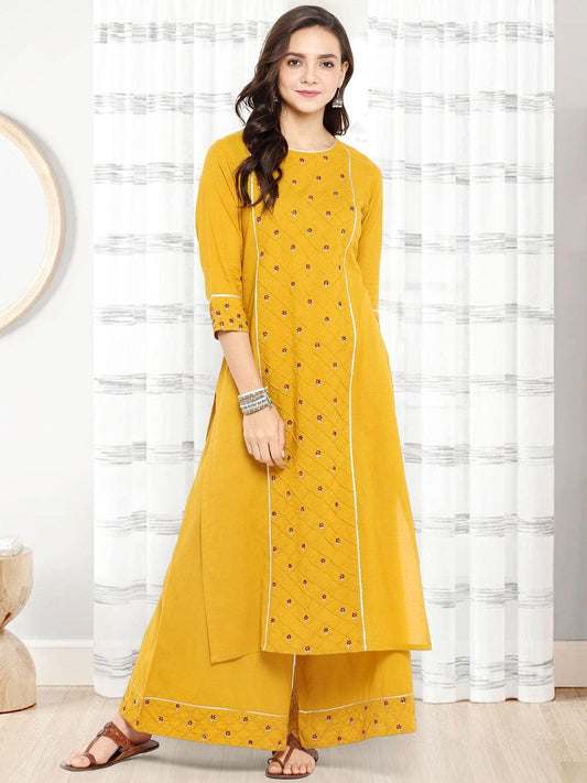 Mustard Cotton Embroidered Kurta with Palazzo