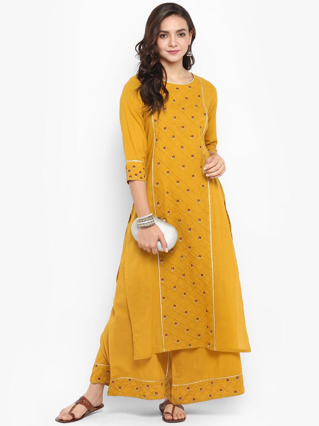 Mustard Cotton Embroidered Kurta with Palazzo