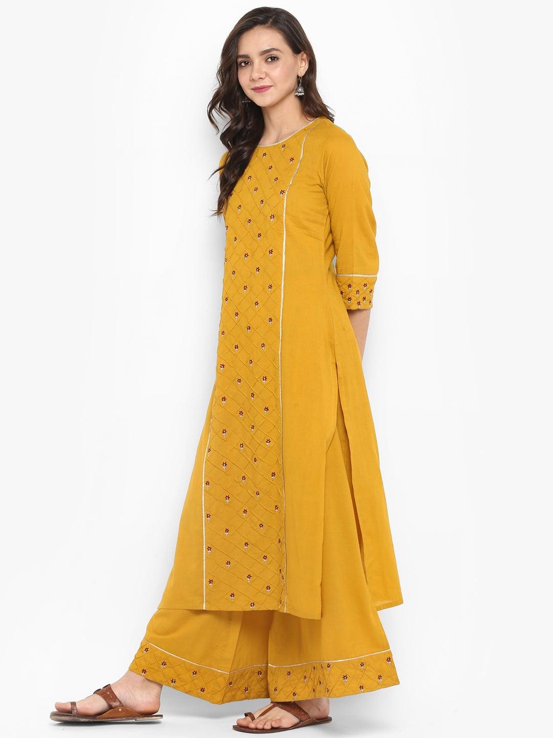 Mustard Cotton Embroidered Kurta with Palazzo