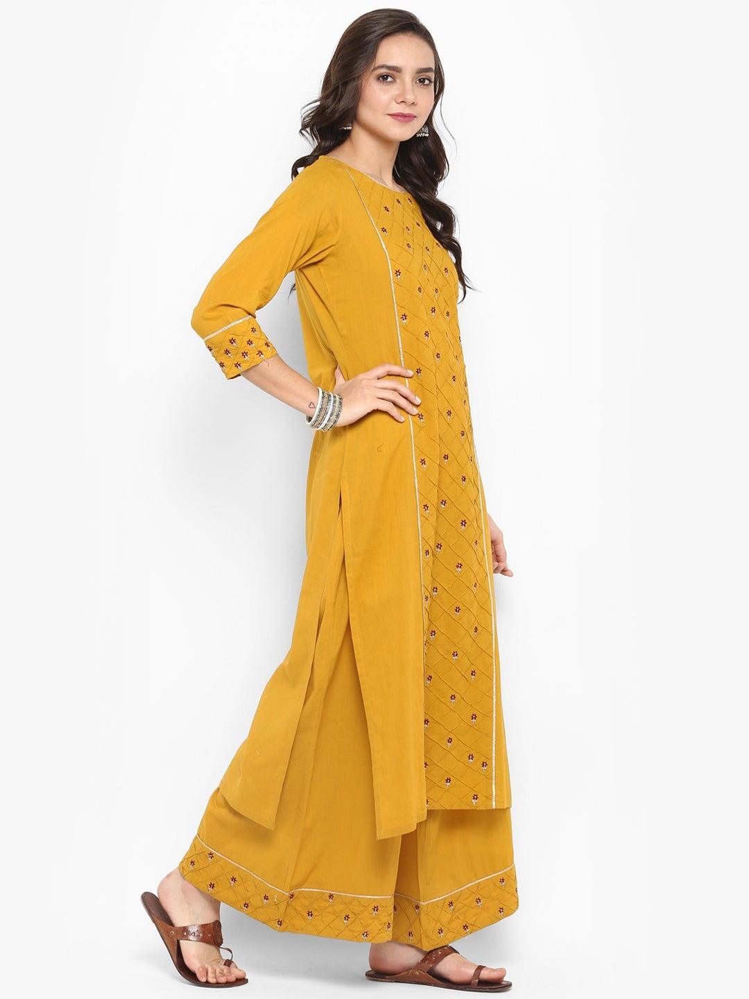 Mustard Cotton Embroidered Kurta with Palazzo