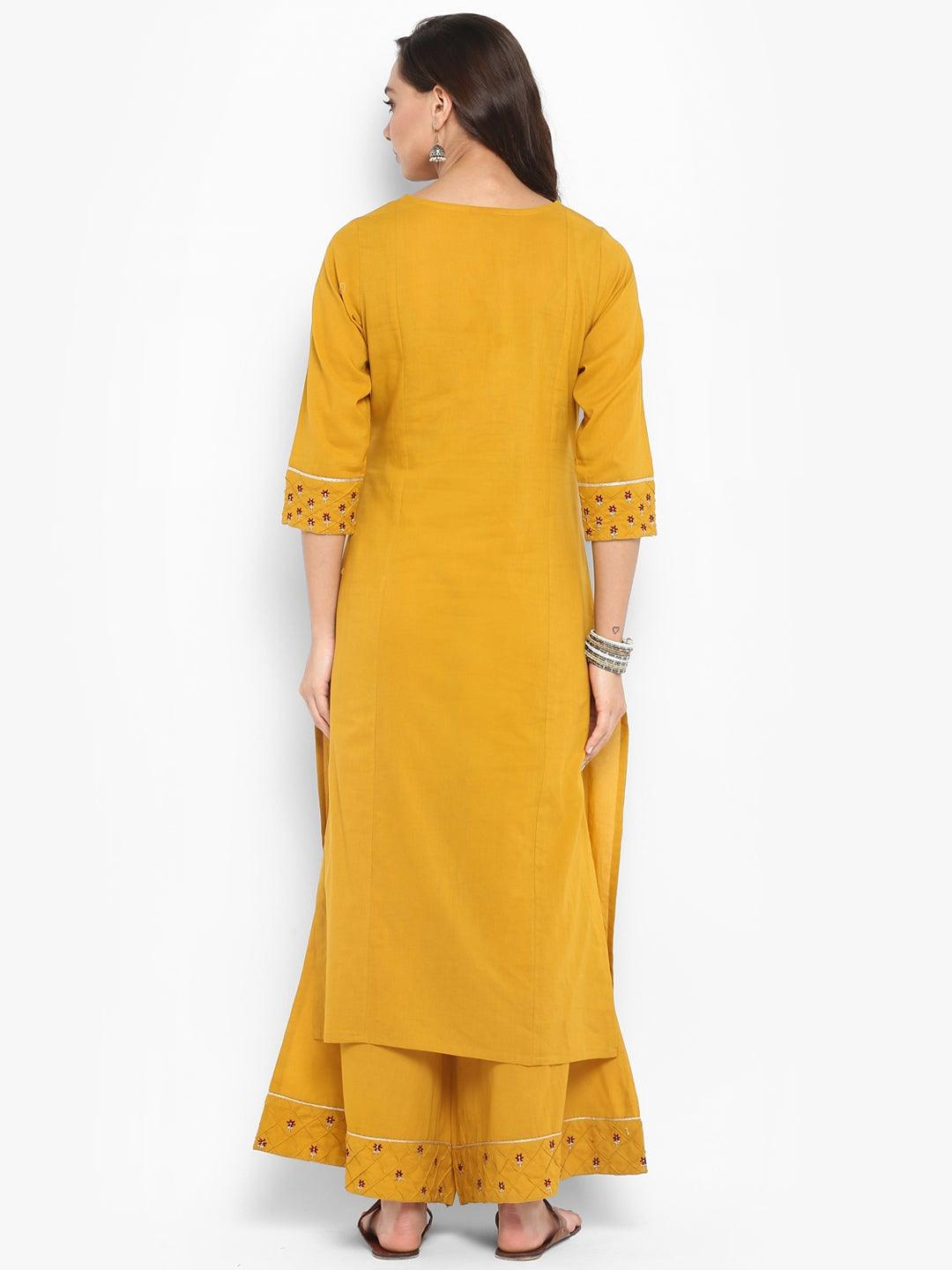 Mustard Cotton Embroidered Kurta with Palazzo
