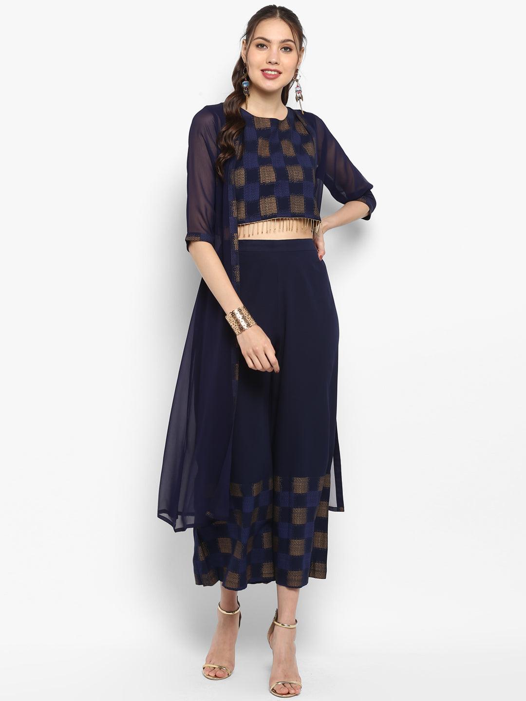 Navy Blue Poly Crepe Gold Print Top with Palazzo and Jacket