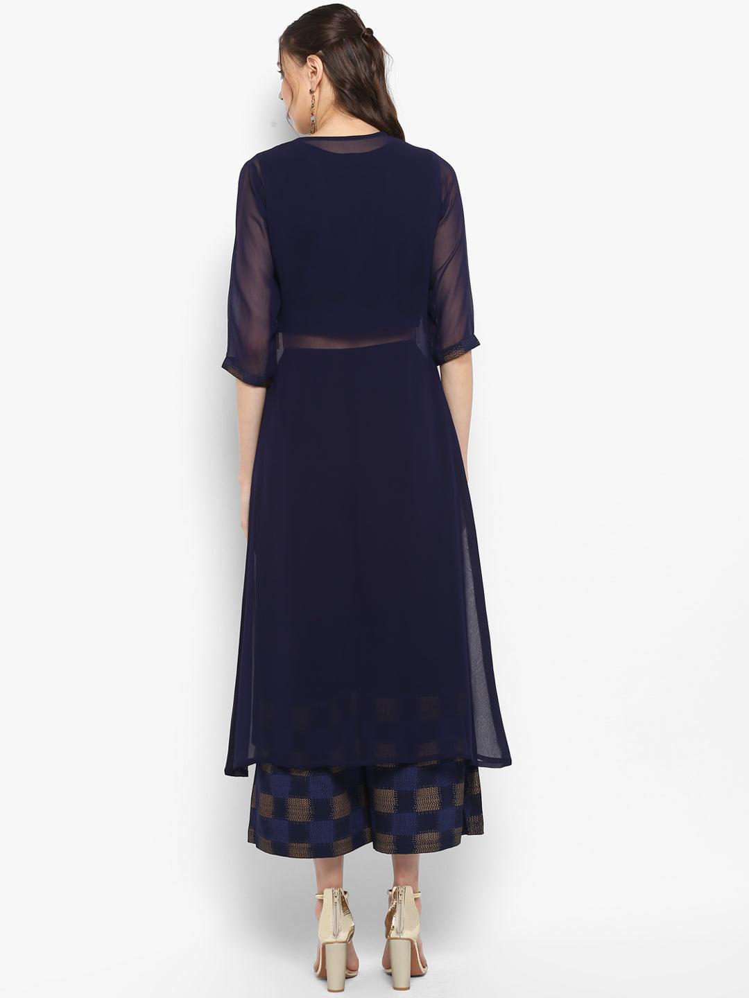 Navy Blue Poly Crepe Gold Print Top with Palazzo and Jacket