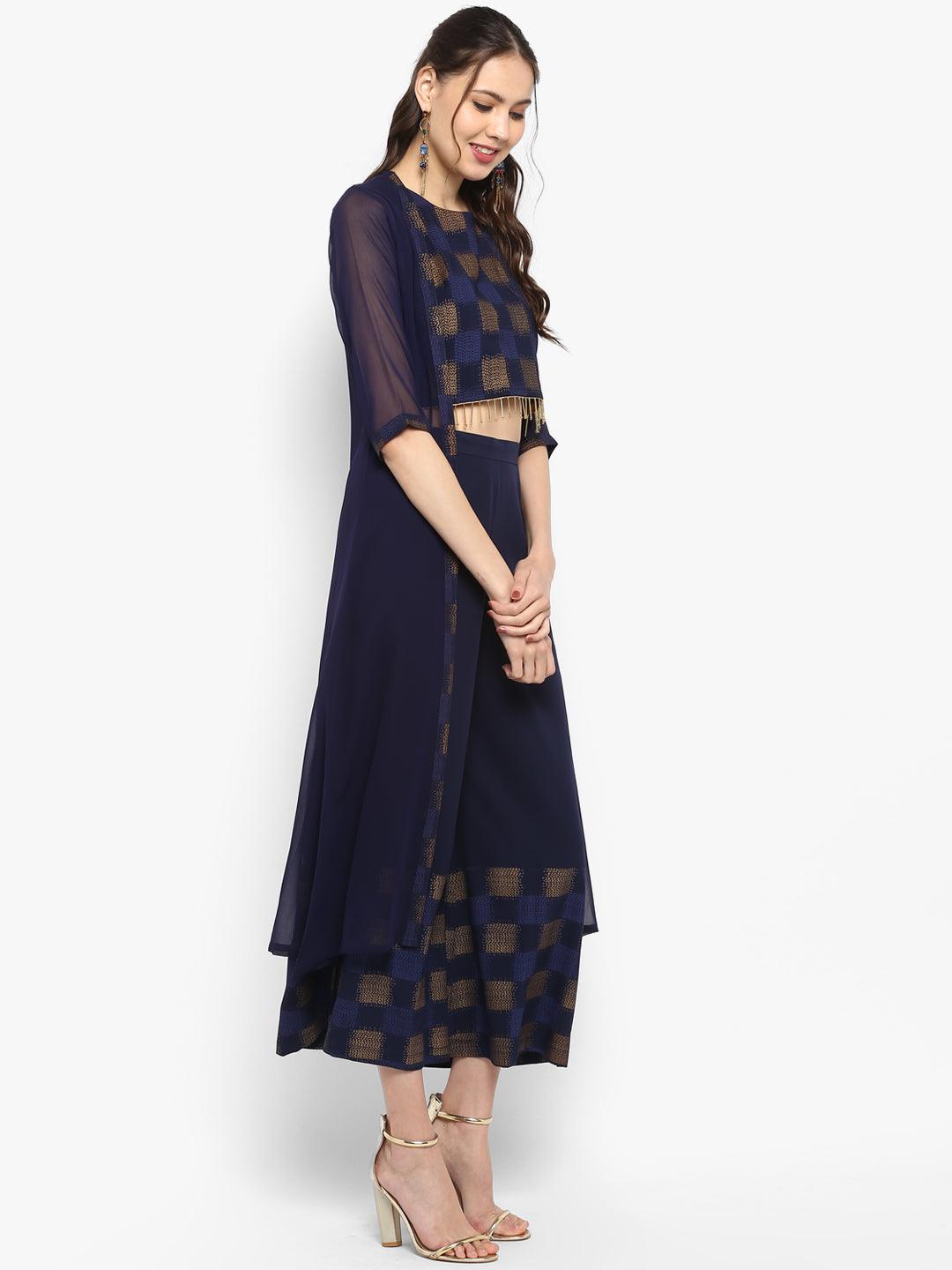 Navy Blue Poly Crepe Gold Print Top with Palazzo and Jacket