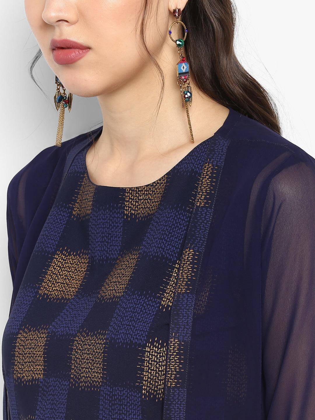 Navy Blue Poly Crepe Gold Print Top with Palazzo and Jacket