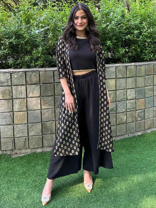 Black Poly Crepe Gold Print Top with Palazzo and Jacket