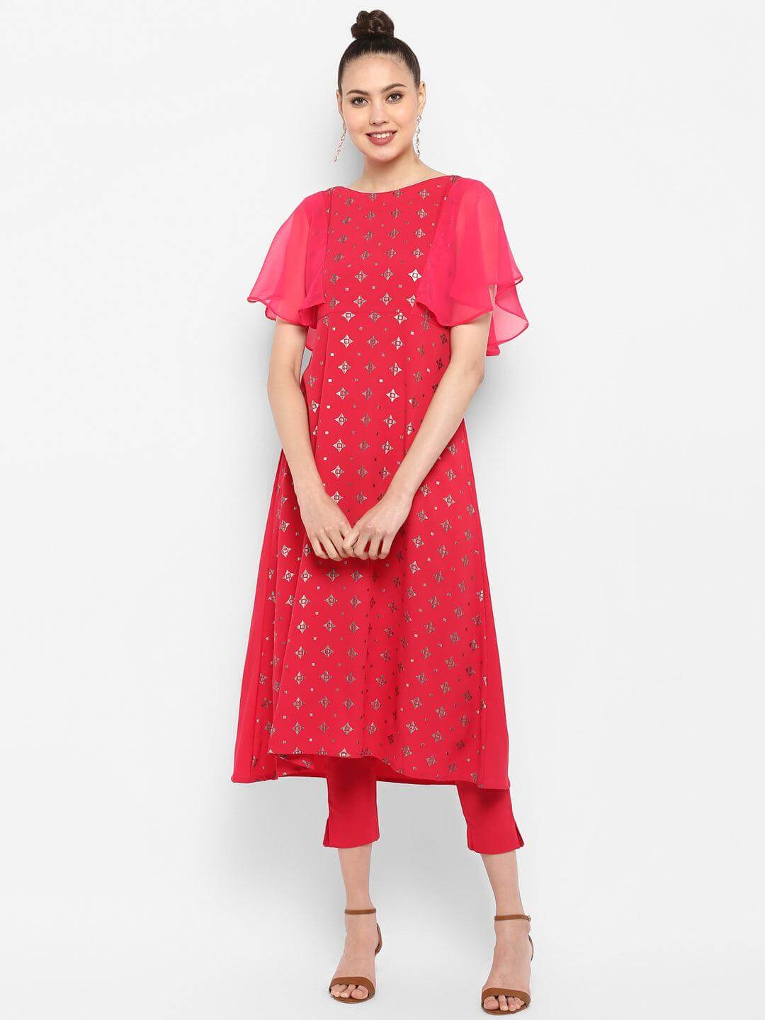 Magenta Poly Crepe Foil Print Kurta with Pant