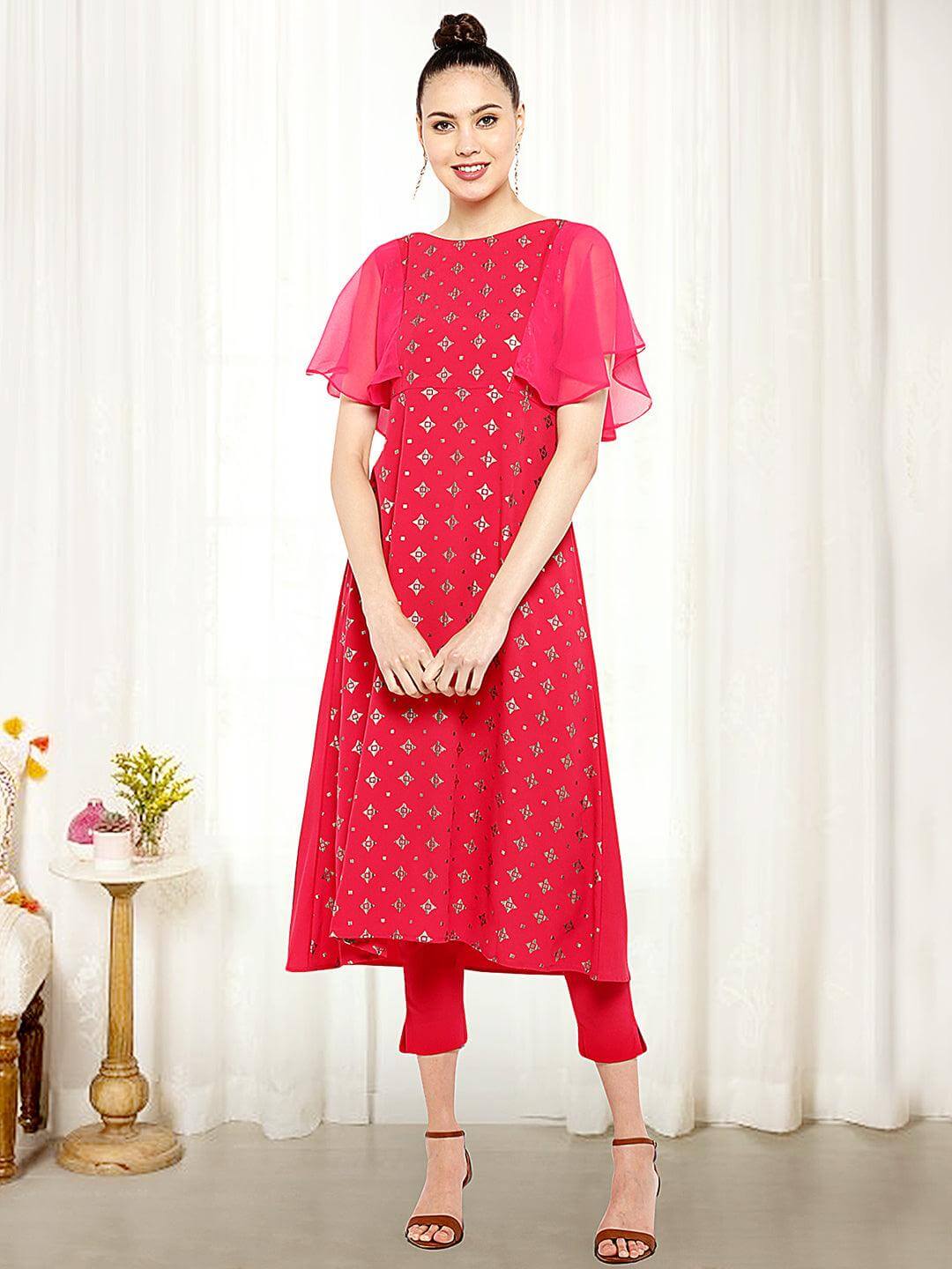 Magenta Poly Crepe Foil Print Kurta with Pant