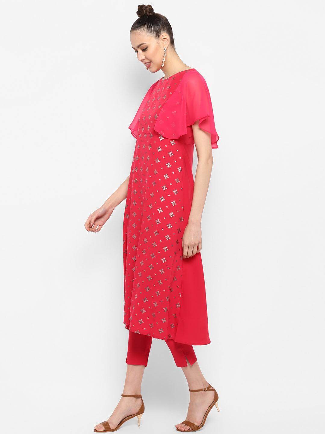 Magenta Poly Crepe Foil Print Kurta with Pant