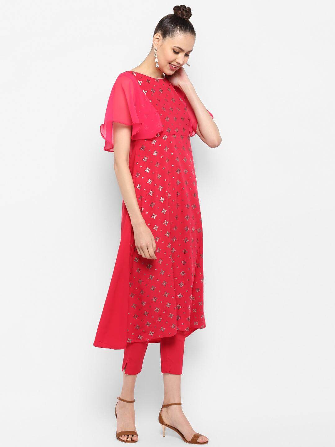 Magenta Poly Crepe Foil Print Kurta with Pant