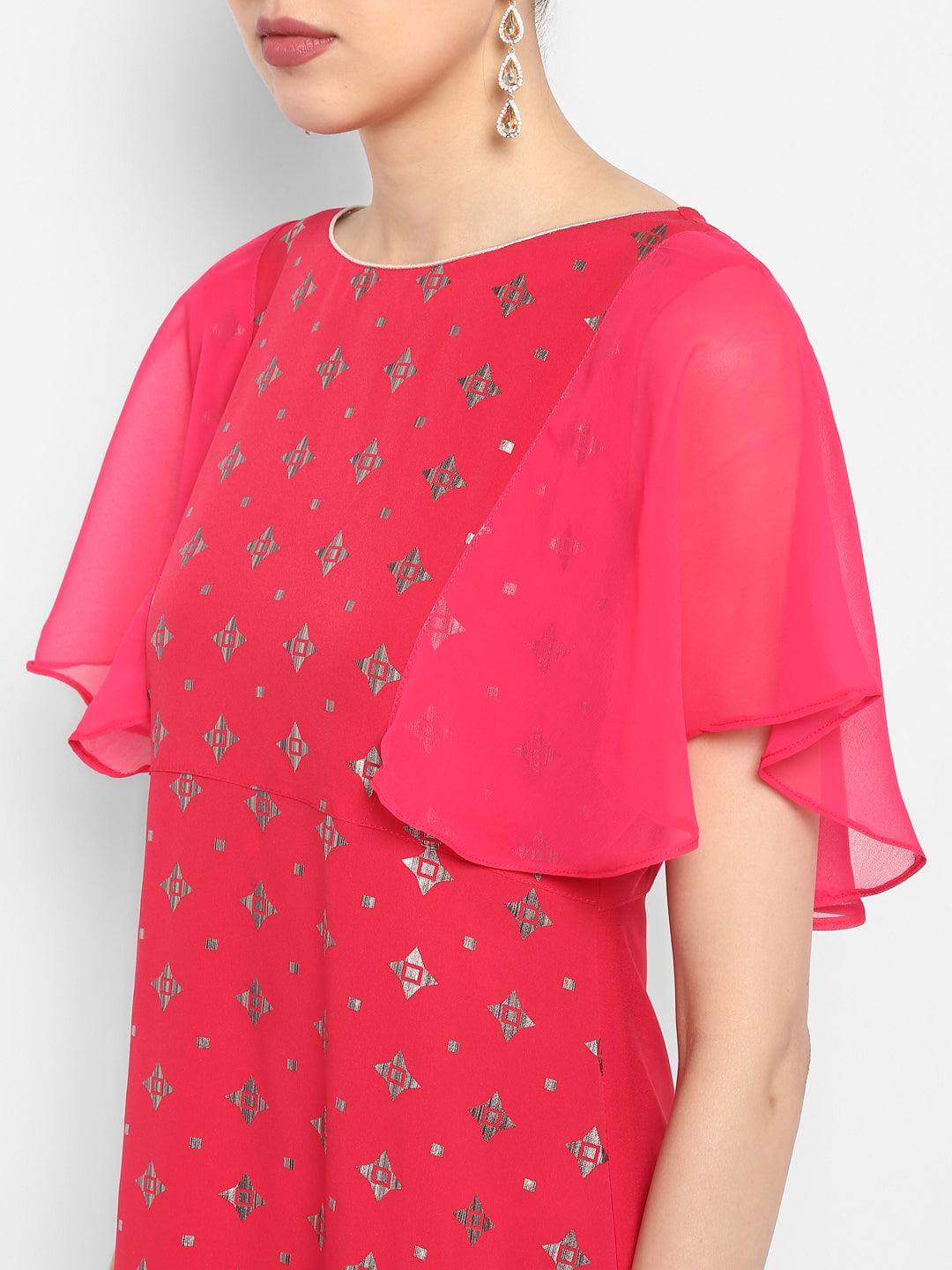 Magenta Poly Crepe Foil Print Kurta with Pant